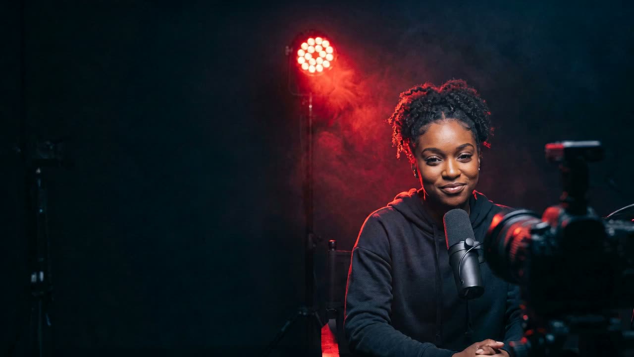 A creator broadcasting live on TRYBE, lit by a red stage light